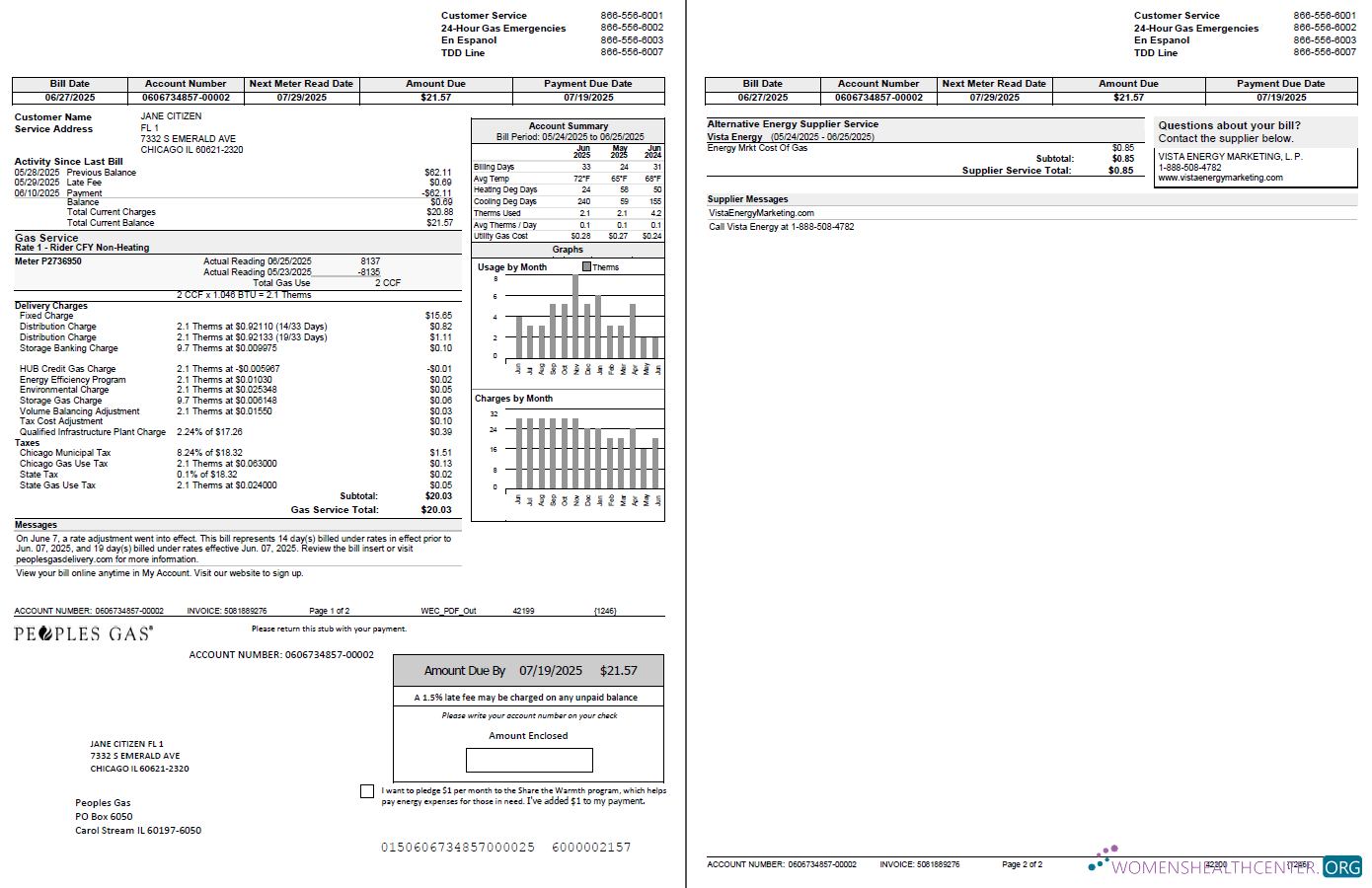 download download USA Peoples Gas utility bill template in Word and PDF formats, 2 pages PDF template PDF template
